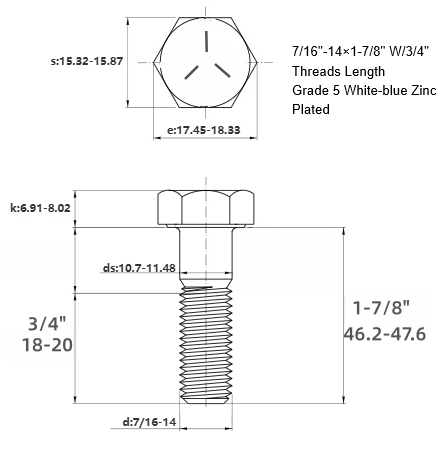 GR5HB7/16-14X17/8ZP 7/16" - 14 X 1-7/8" GR5 HEX BOLT W/ 3/4" THREAD LG, ZINC